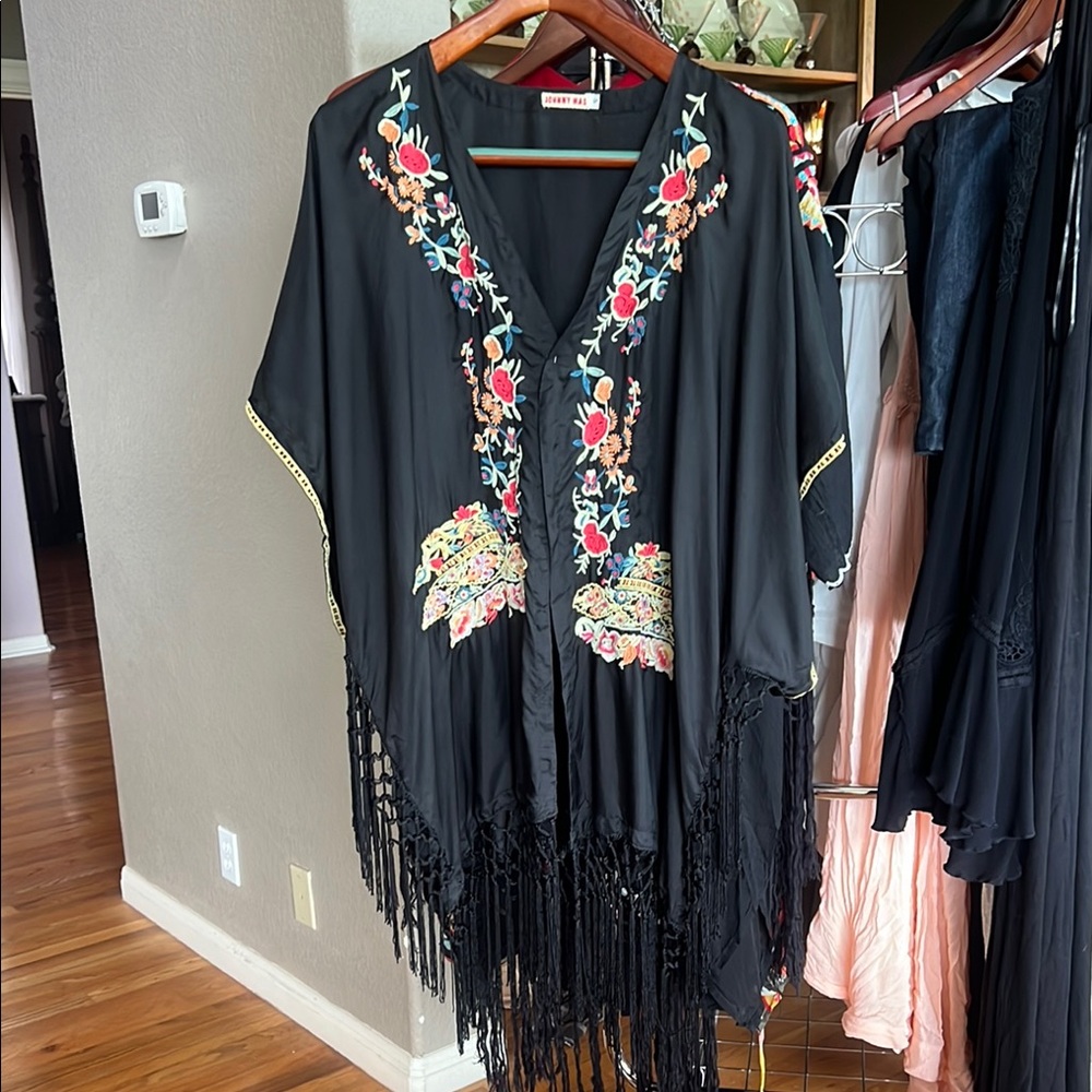 Johnny Was Black Kimono with Colorful Embroidery